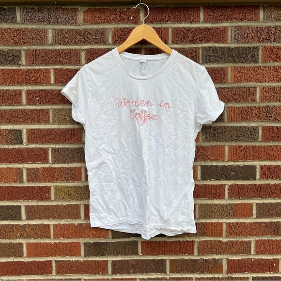 Gildan Tops - White and Pink Embroidered Women in Coffee Short Sleeve Tee Shirt